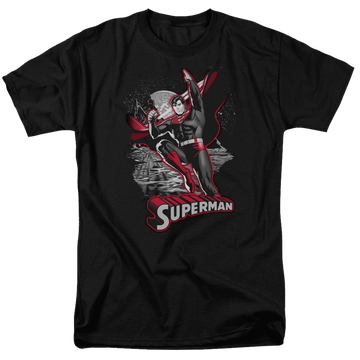 Black men's regular fit t-shirt with Justice League Superman Red & Gray graphic