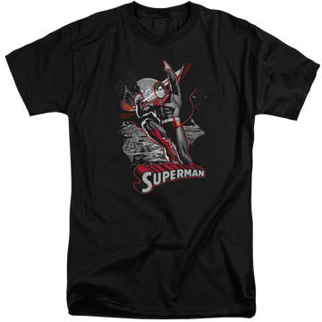 Black men's tall fit t-shirt with Justice League Superman Red & Gray graphic