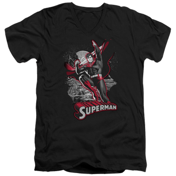 Black men's v-neck t-shirt with Justice League Superman Red & Gray graphic