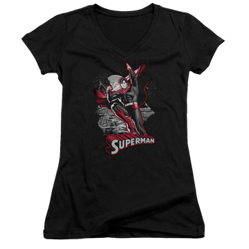 Black juniors v-neck t-shirt with Justice League Superman Red & Gray graphic