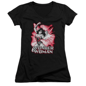 Black juniors v-neck t-shirt with Justice League Wonder Woman Red & Gray graphic