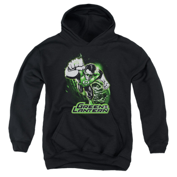 Black youth hoodie for ages 8 to 12 with Green Lantern Green & Gray graphic