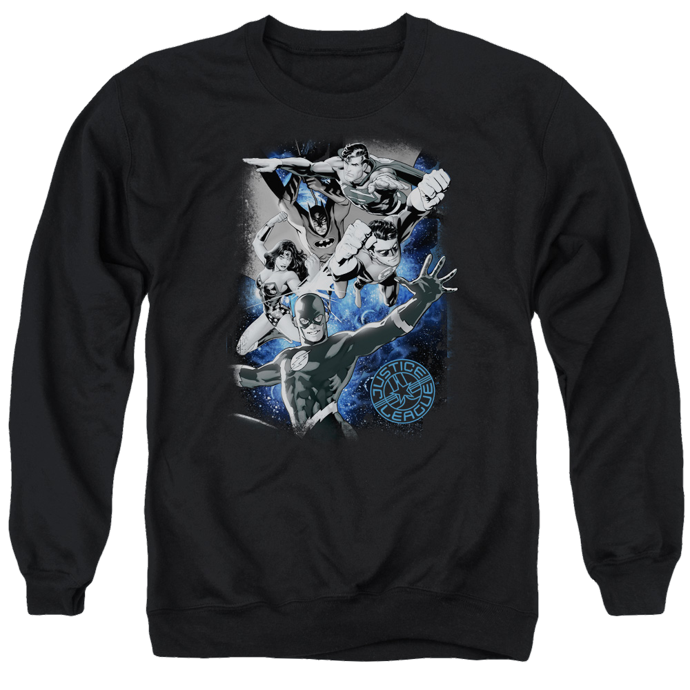 Justice League Galactic Attack Nebula Men's Crewneck Sweatshirt Men's Crewneck Sweatshirt Justice League