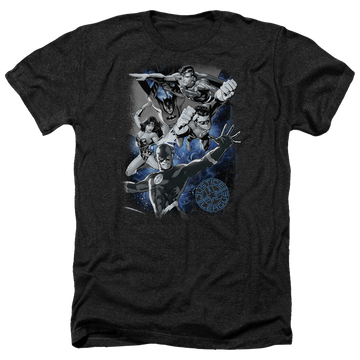 Charcoal men's heather t-shirt with Justice League Galactic Attack Nebula graphic
