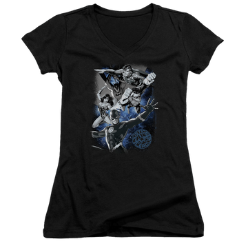 Black juniors v-neck t-shirt with Justice League Galactic Attack Nebula graphic