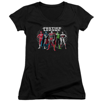Black juniors v-neck t-shirt with Justice League The Big Five graphic