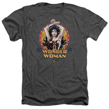 Charcoal men's heather t-shirt with Wonder Woman Justice League Powerful Woman graphic