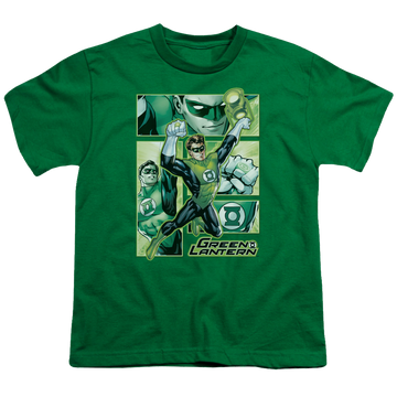 Kelly green youth t-shirt for ages 8 to 12 with Green Lantern Panels graphic