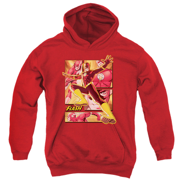 Red youth hoodie for ages 8 to 12 with Flash graphic