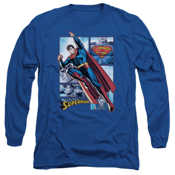 Royal men's long sleeve t-shirt with Justice League Superman Panels graphic
