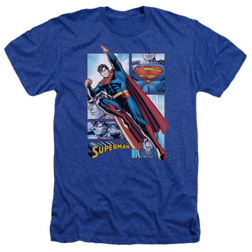 Royal men's heather t-shirt with Justice League Superman Panels graphic