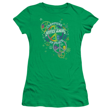 Kelly green juniors t-shirt with Justice League Peace League graphic