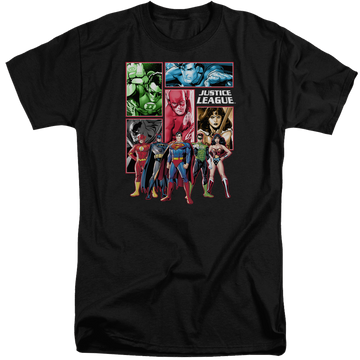 Black men's tall fit t-shirt with Justice League Panels graphic
