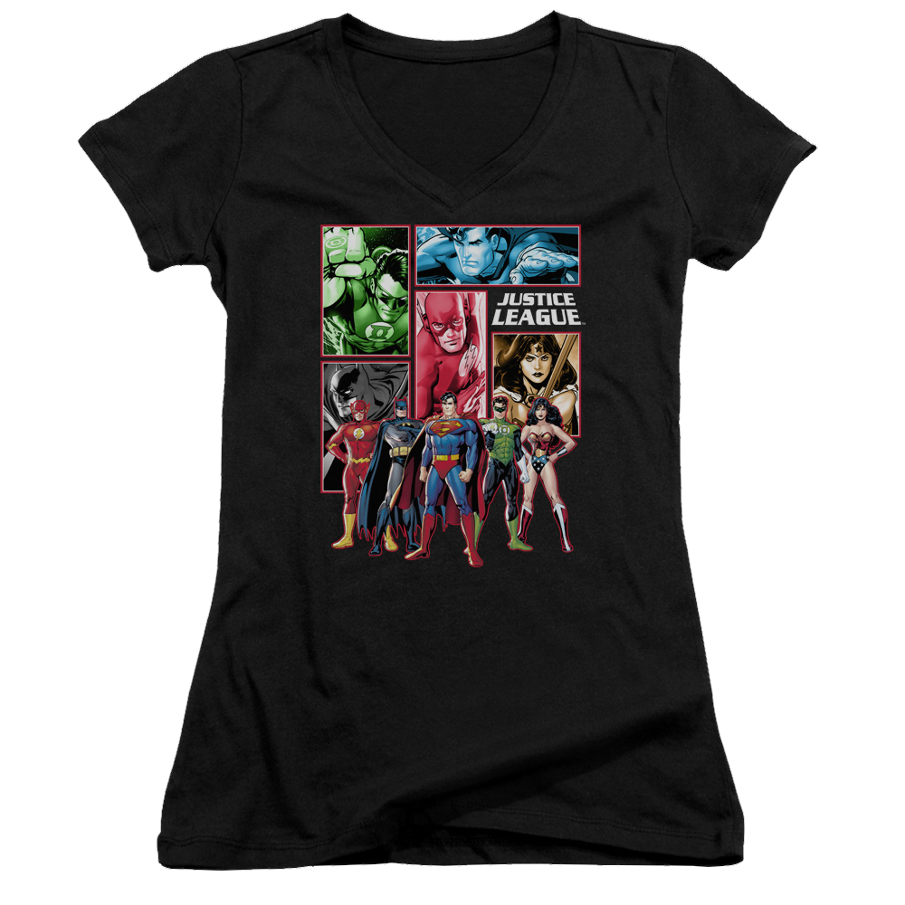 Justice League Justice League Panels Juniors V-Neck T-Shirt Juniors V-Neck T-Shirt Justice League