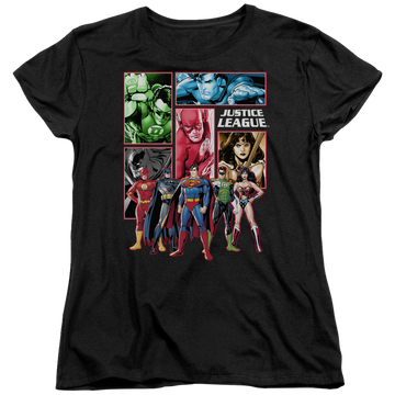 Black women's t-shirt with Justice League Panels graphic