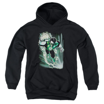 Black youth hoodie for ages 8 to 12 with Green Lantern Emerald Energy graphic