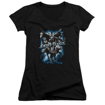 Black juniors v-neck t-shirt with Justice League Justice Storm graphic