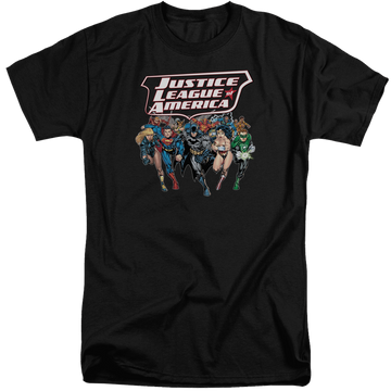 Black men's tall fit t-shirt with Justice League Charging Justice graphic