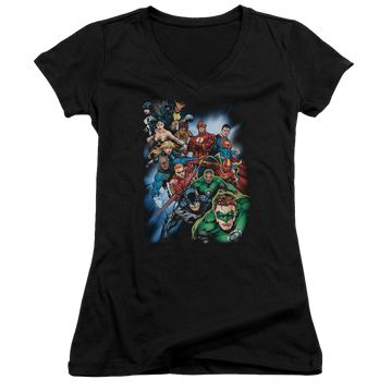 Black juniors v-neck t-shirt with Justice League Heroes Unite graphic