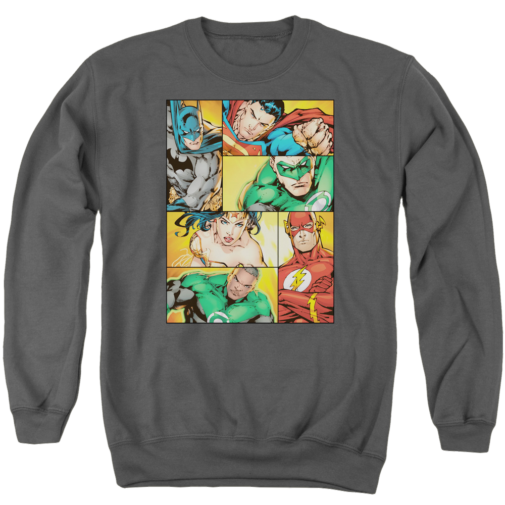 Justice League Hero Boxes Men's Crewneck Sweatshirt Men's Crewneck Sweatshirt Justice League