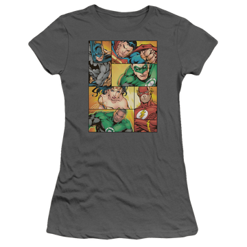 Charcoal juniors t-shirt with Justice League Hero Boxes graphic