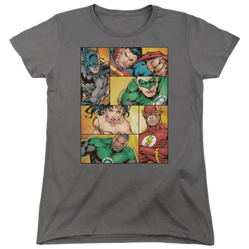 Charcoal women's t-shirt with Justice League Hero Boxes graphic