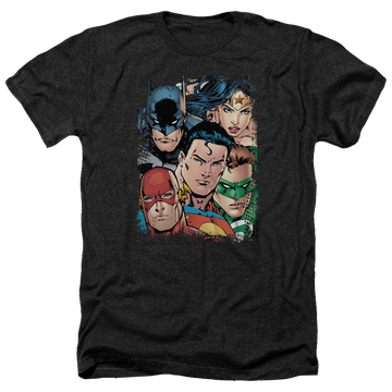 Charcoal men's heather t-shirt with Justice League Up Close And Personal graphic