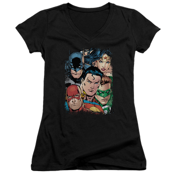 Black juniors v-neck t-shirt with Justice League Up Close And Personal graphic