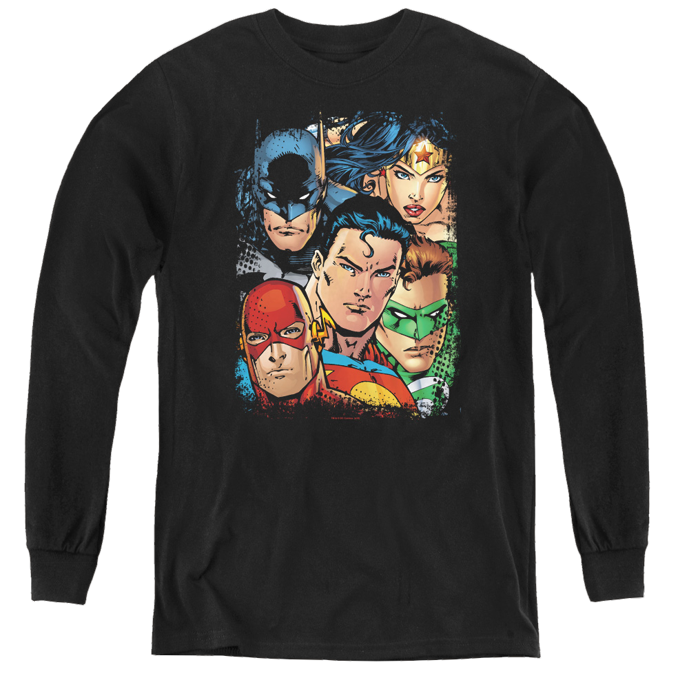 Justice League Up Close And Personal - Youth Long Sleeve T-Shirt Youth Long Sleeve T-Shirt Justice League