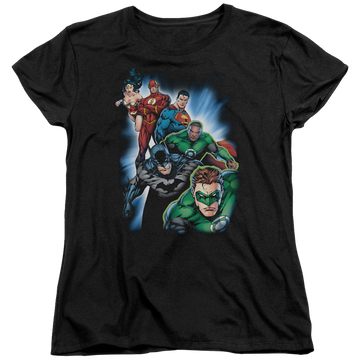 Black women's t-shirt with Justice League Heroes Unite graphic