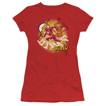 Red juniors t-shirt with The Flash Lightning Fast graphic