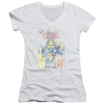 White juniors v-neck t-shirt with Justice League #1 Cover graphic