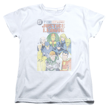 White women's t-shirt with Justice League #1 Cover graphic