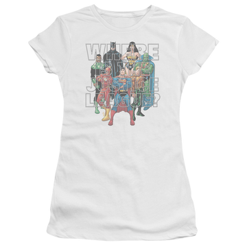 White juniors t-shirt with Justice League Classified #1 Cover graphic
