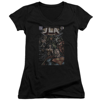 Black juniors v-neck t-shirt with Justice League #1 Cover graphic