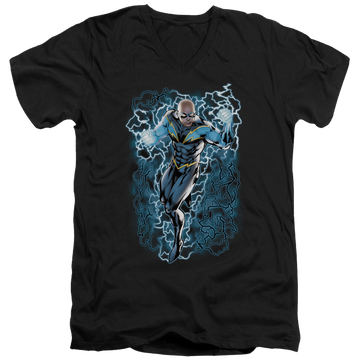 Black men's v-neck t-shirt with DC Comics Justice League Black Lightning Bolts graphic