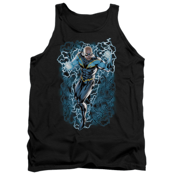 Black men's tank with DC Comics Justice League Black Lightning Bolts graphic
