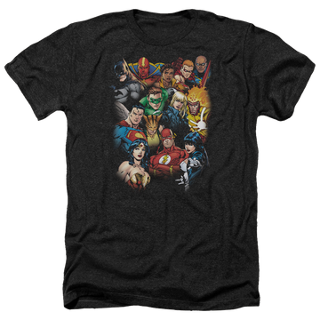 Charcoal men's heather t-shirt with Justice League The Leagues All Here graphic