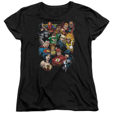 Black women's t-shirt with Justice League The Leagues All Here graphic