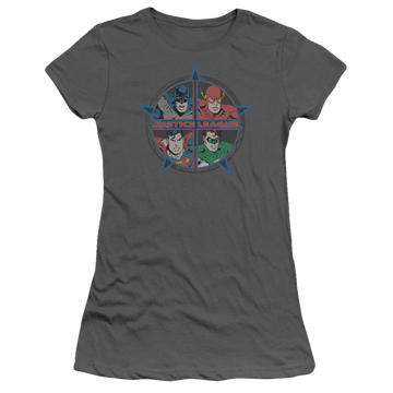 Charcoal juniors t-shirt with Justice League Four Heroes graphic