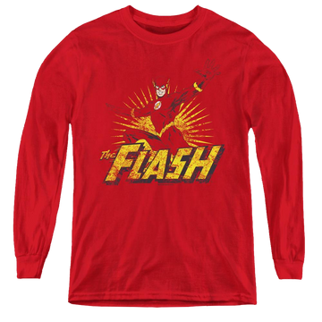 Red youth long sleeve t-shirt with Flash Rough Distress graphic