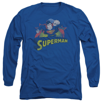 Royal men's long sleeve t-shirt with Justice League Superman Rough Distress graphic