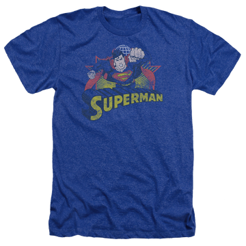 Royal men's heather t-shirt with Justice League Superman Rough Distress graphic