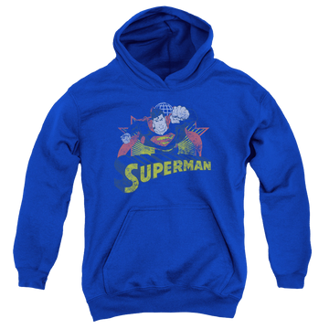 Royal youth hoodie for ages 8 to 12 with Superman Rough Distress graphic