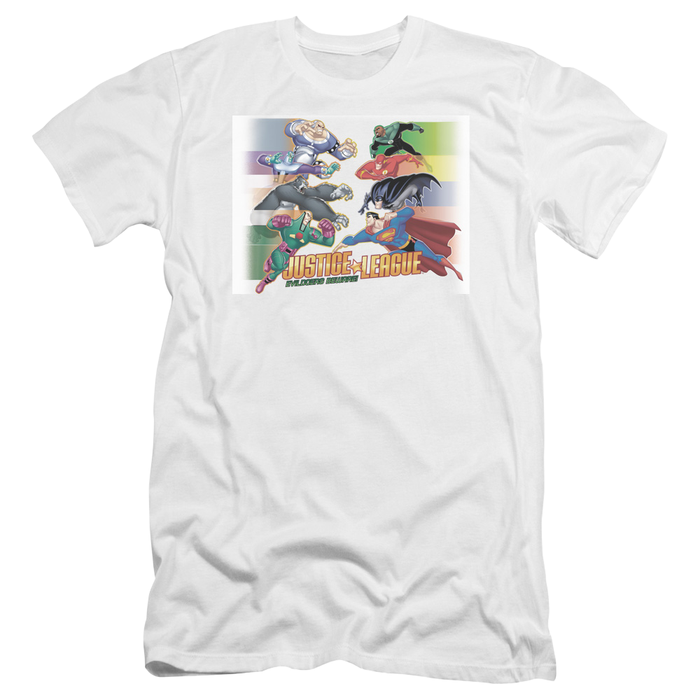 Justice League Evildoers Beware Men's Premium Slim Fit T-Shirt Men's Premium Slim Fit T-Shirt Justice League