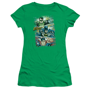 Kelly green juniors t-shirt with Justice League Action Frames graphic