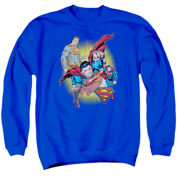Royal men's crewneck sweatshirt with Justice League Superman Collage graphic