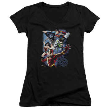 Black juniors v-neck t-shirt with Justice League Galactic Attack Color graphic