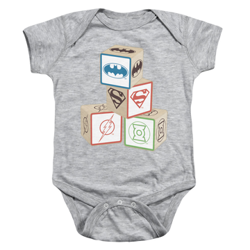 Athletic heather baby bodysuit with Justice League Baby Block graphic