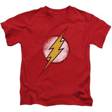 Red kid's t-shirt for ages 4 to 7 with The Flash Destroyed Flash Logo graphic